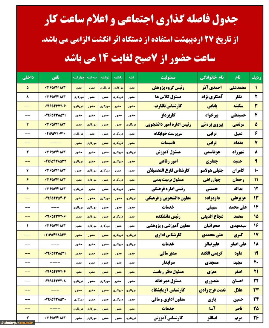 جدول حضور